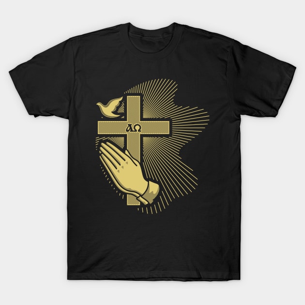 The cross of Jesus, praying hands and a dove - a symbol of the Holy Spirit T-Shirt by Reformer